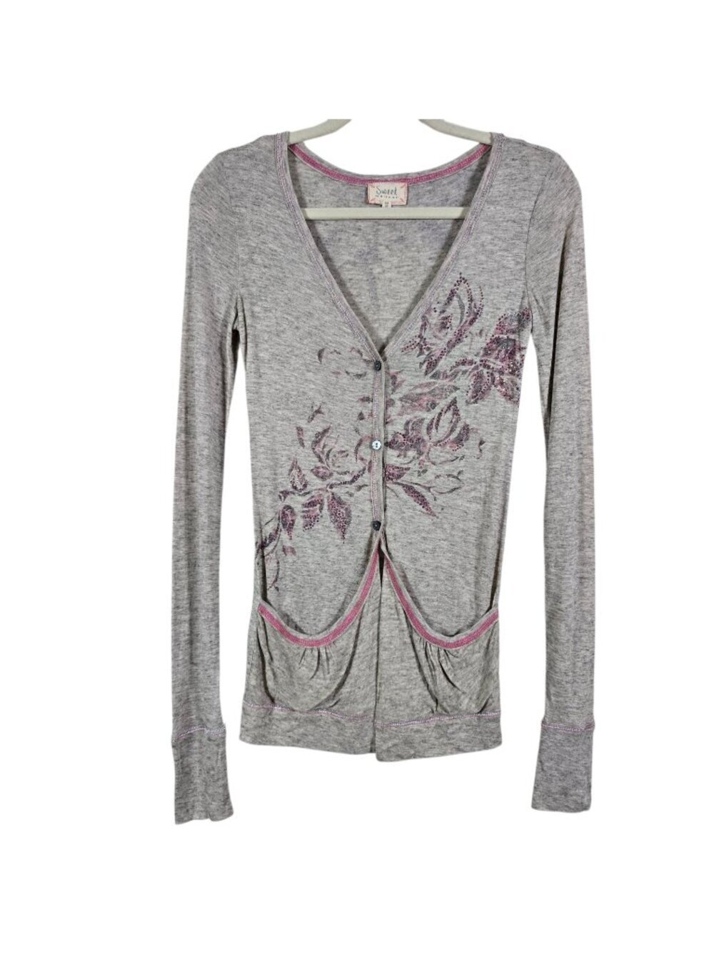 Y2K Sweet by Miss Me Womens Gray Pink Rhinestone Bling 3 Button Long Sleeve XS